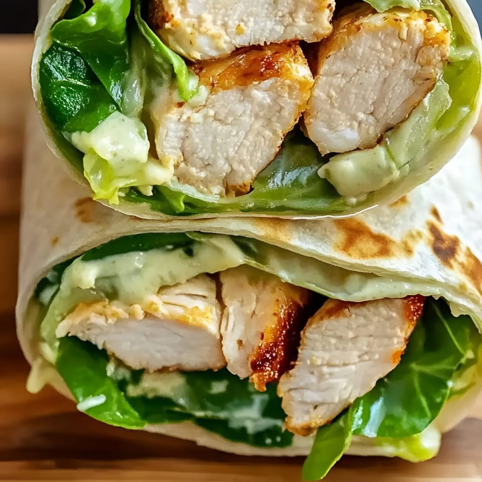 Two halves of a chicken wrap with lettuce and creamy dressing, stacked on a wooden surface.
