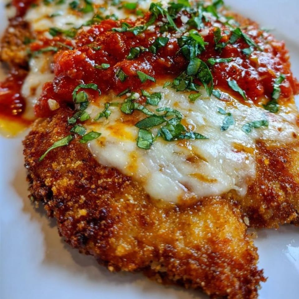 Golden-brown chicken parmesan topped with melted mozzarella, rich red sauce, and fresh green herbs.