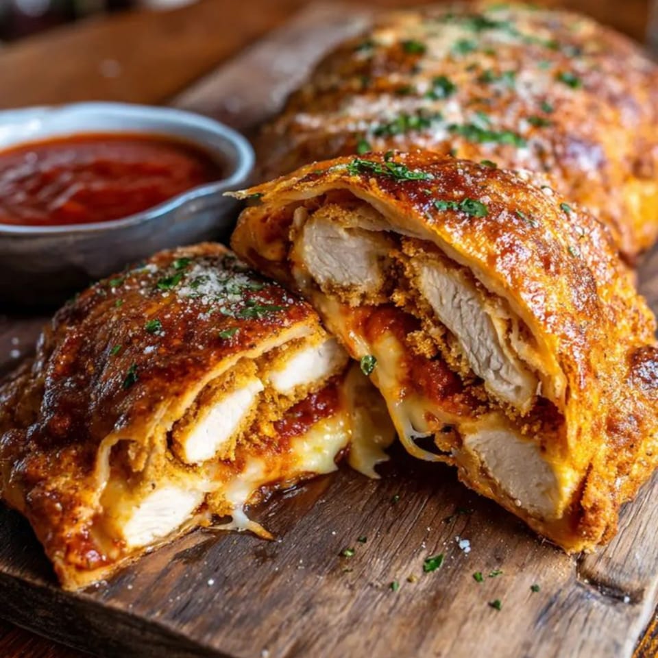 Amore Pizza & Subs chicken parmesan stromboli, sliced open to show crispy chicken, melted cheese, and sauce.